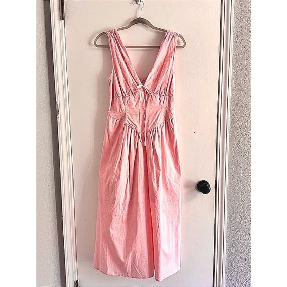 Pastel Pink Floral Embroidered Boho Midi Dress M Wedding Summer Coquette